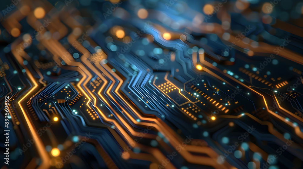Poster a striking macro photograph showcasing the intricate pathways and reflective surfaces of a futuristi