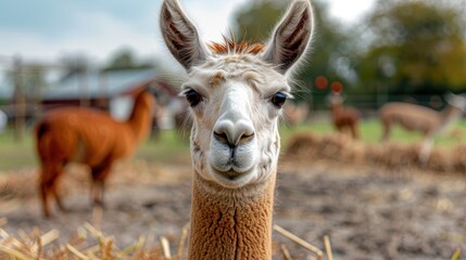 Obraz premium A close-up of a llama gazing at the camera, surrounded by a field and other llamas in the background, showcasing natural beauty and a moment of connection in a tranquil setting.