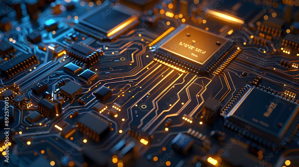 Poster cutting edge circuit board with advanced microchips and metallic textures a render featuring a mix o