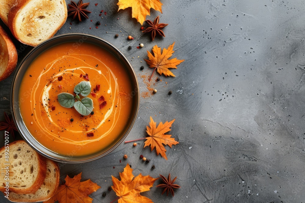 Poster a bowl of soup with a sprig of parsley on top sits on a table with a pile of bread