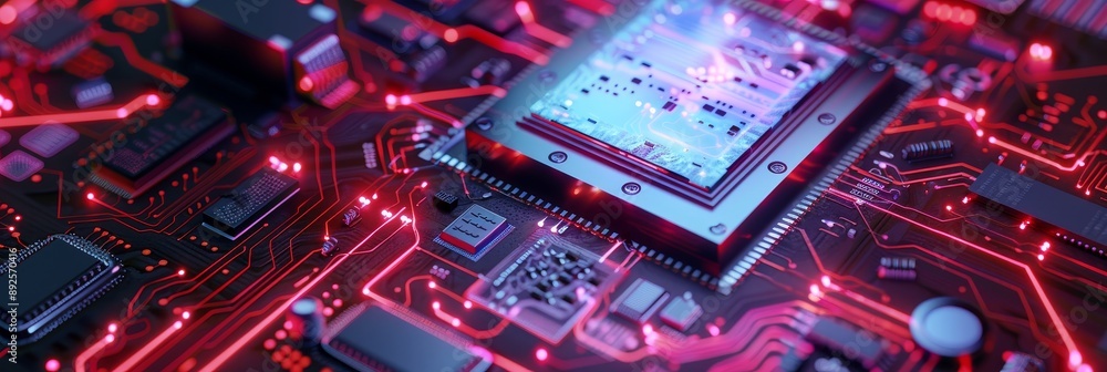 Poster close-up of a computer chip on a motherboard with red glowing circuits - a close-up view of a comput
