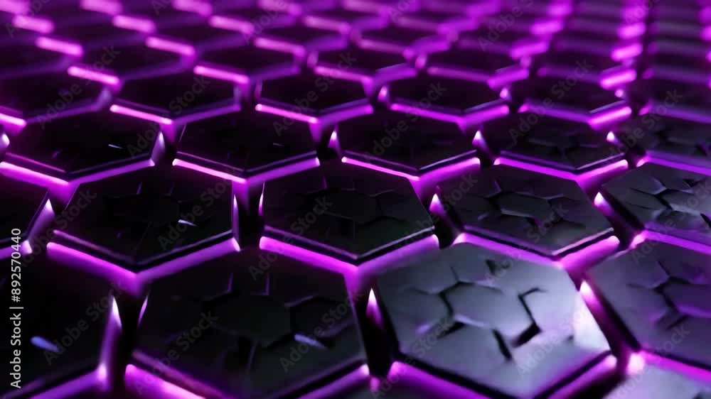 Poster shiny purple hexagonal tiles with reflective surfaces in a futuristic pattern