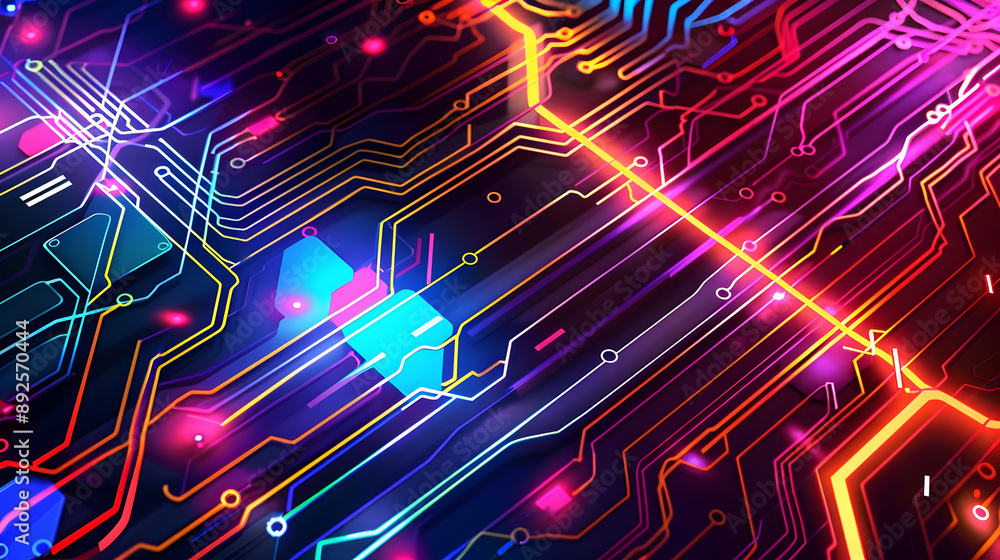 Poster an of a futuristic circuit board featuring glowing lines vibrant colors and exaggerated patterns