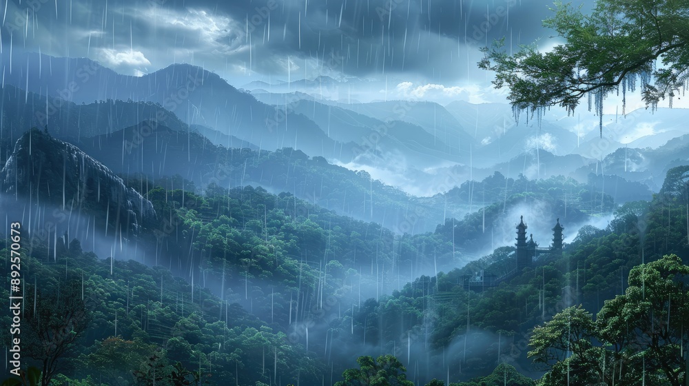 Sticker a mountain range with a lot of trees and a lot of rain. the sky is dark and cloudy