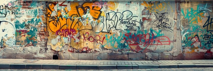 Fototapeta premium Colorful Graffiti Wall Urban Art Background - A colorful graffiti wall with vibrant colors and abstract designs. It represents urban culture, creativity, self-expression, street art, and freedom.