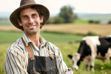 Dairy farm worker with cow in background Isolated on white background
