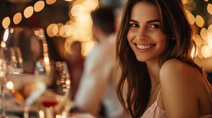 Smiling Woman at Elegant Dinner Party