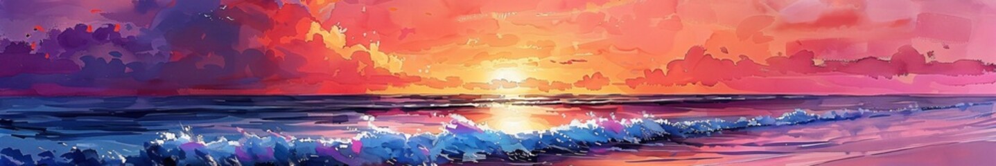 Obraz premium Serene Summer Sunset Watercolor Illustration with Vibrant Orange, Pink, and Purple Hues at Beach