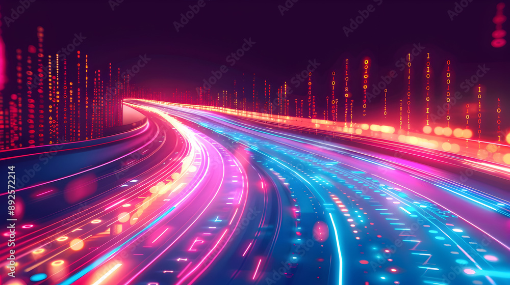 Poster an abstract and futuristic depicting a digital data highway with vibrant neon colored streams of bin