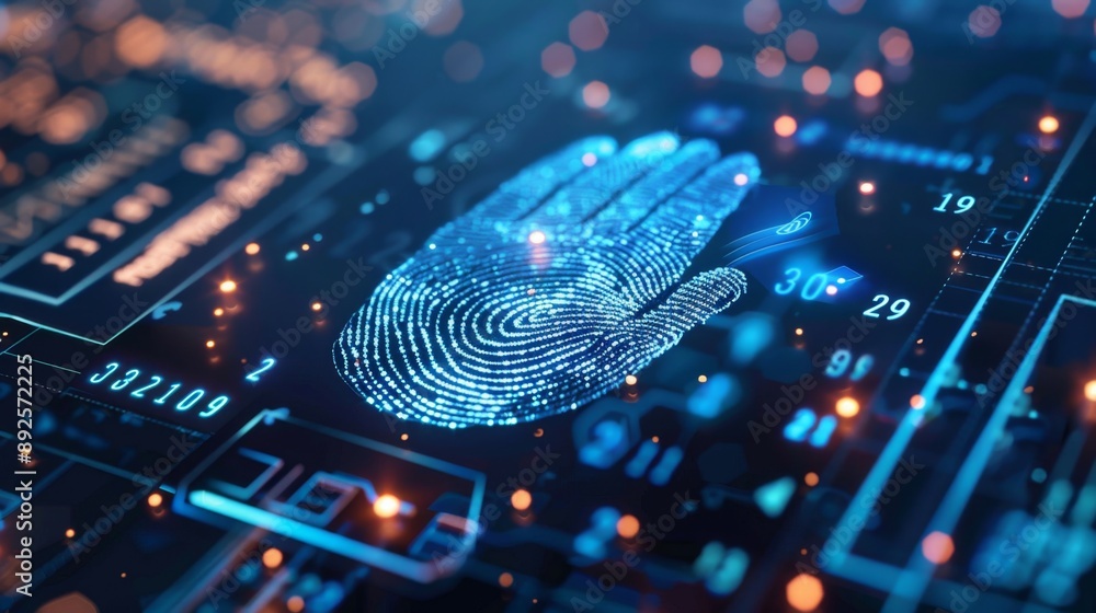 Poster digital fingerprint scan on circuit board - futuristic security technology - a glowing blue fingerpr