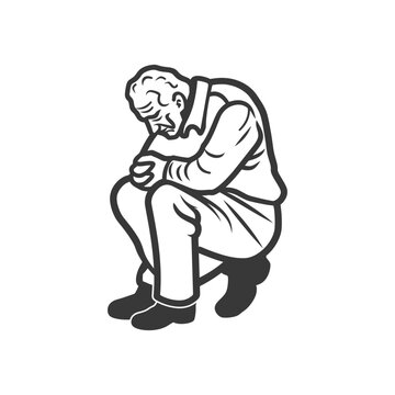 recommend clip art: very sad elderly man sitting alone minimalist line art icon logo symbol 