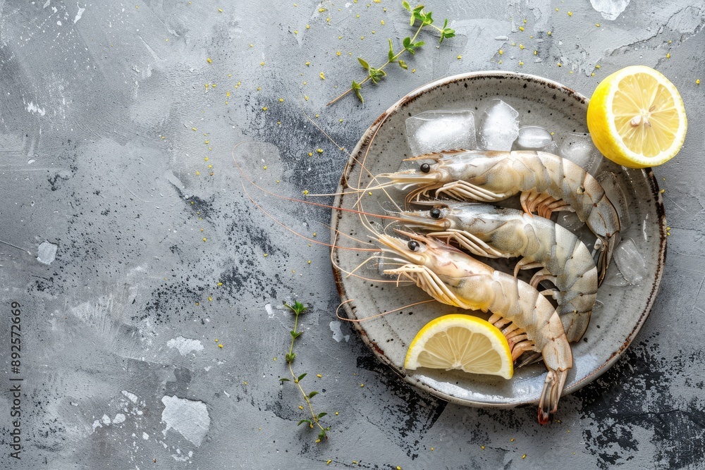 Poster three shrimp are on a plate with a lemon wedge. the plate is on a grey background. the shrimp are ar