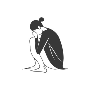 recommend clip art: very sad women sitting alone minimalist line art icon logo symbol 