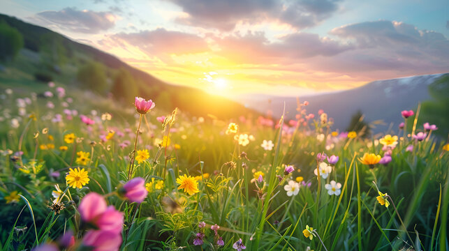 spring summer background with bright beautiful flowers ,flowers in the field ,A beautiful flowery meadow in spring or summer