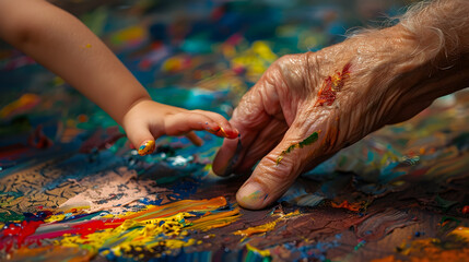 Intertwined A captivating image showcasing an elderly hand and a child s hand gently touching on a vibrant finger painted canvas