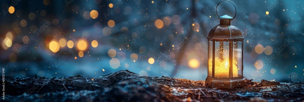 Poster enchanting lantern in a snowy forest - a solitary lantern glows brightly in a snowy forest, casting 
