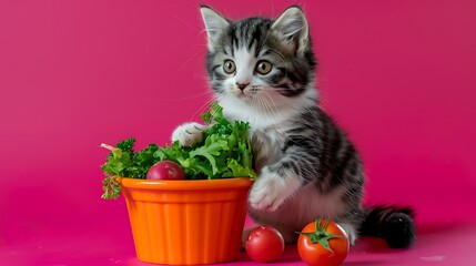 cooking black and white fluffy little kitten next to an orange bowl and vegetables on pink background
