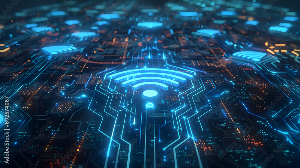 Aufkleber an intricate digital network of glowing neon blue lines forming a complex web with a central wi fi s