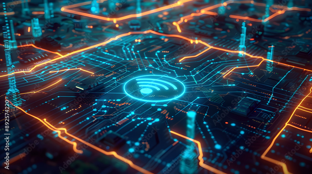 Aufkleber glowing neon blue lines forming an intricate digital network with a central illuminated wi fi symbol