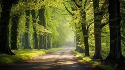 Fototapeta premium Sunlit path through lush green beech trees, springtime ambiance