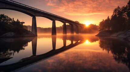 Fototapeta premium Sunrise over a serene bay, long exposure of a bridge reflecting in still waters