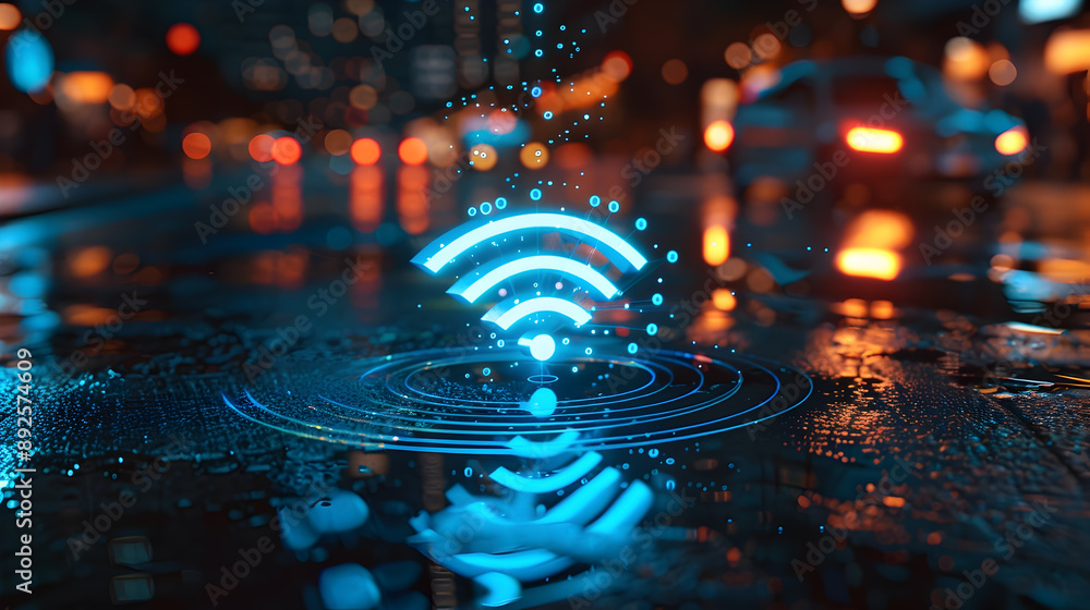 Poster a depiction of a digital network with a glowing blue wi fi symbol at the center surrounded by an int