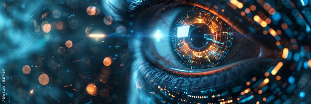 Poster futuristic eye with digital interface - closeup stock photo - a close-up view of a futuristic eye wi
