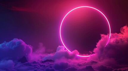 Obraz premium Abstract neon background with glowing circular shape and spinning cloud. Blank geometric frame