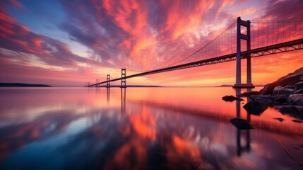 Obraz premium Sunrise paints the sky over a bay, bridge in long exposure with calm water reflections