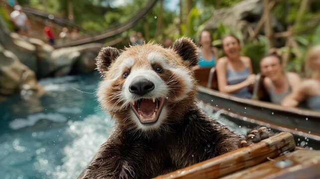 A panda is having an exhilarating experience on a water ride, surrounded by water, displaying pure joy and thrill among other joyful creatures, symbolizing fun and excitement.