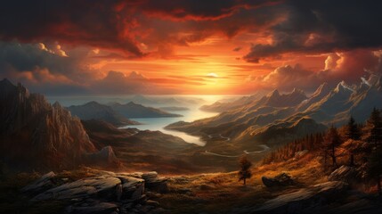 Fototapeta premium Sunset casting a warm glow on a vast mountain panorama