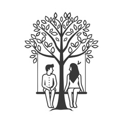 young couple sitting on a swing minimalist line art icon logo symbol 