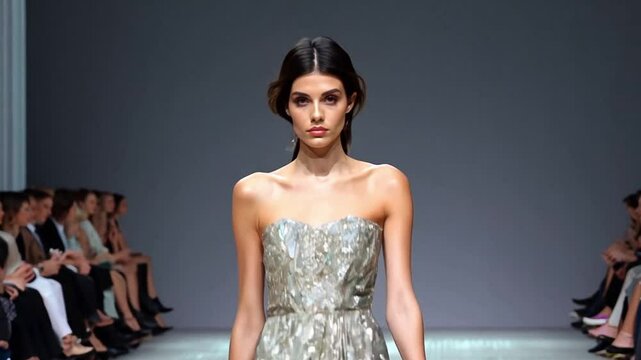 Very Close up on a female model on a catwalk showing off an elegant dress.