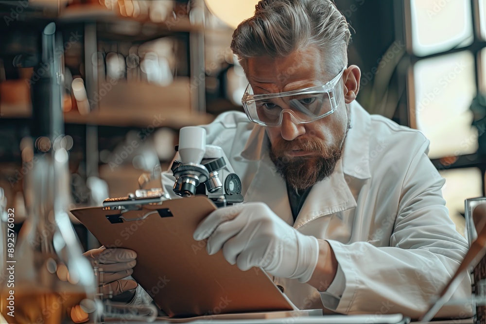 Poster a man in a lab coat is looking at something through a microscope. he is wearing gloves and a lab coa