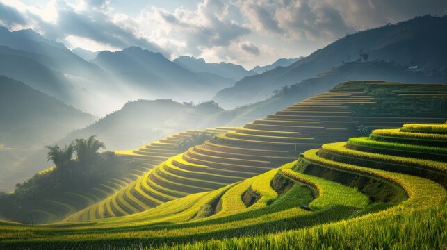 Terraced rice fields in Mu Cang Chai during the harvest season with golden tones