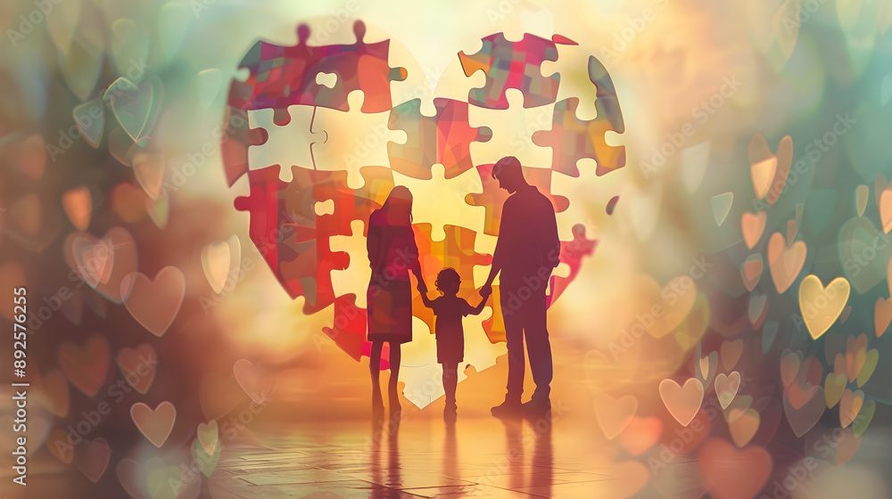 Poster vibrant family unity captured in colorful puzzle heart embrace a digital depicting parents and child