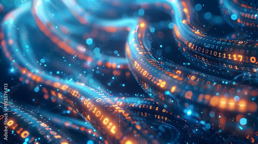 Poster mesmerizing futuristic data stream with vibrant aesthetics glowing blue and orange binary codes flow