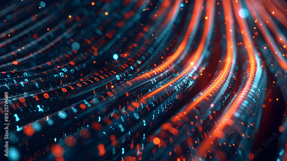 Poster futuristic digital data stream with glowing blue and orange binary codes flowing through dynamic cab