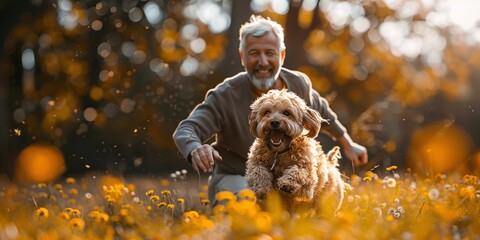 Man playing with dog in a field