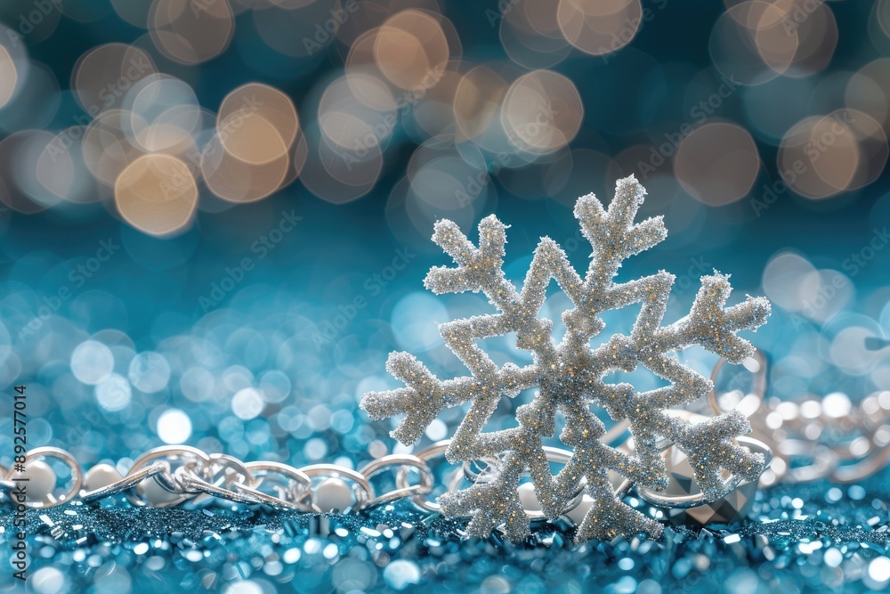 Poster a snowflake is on a blue background with a blurry effect. the snowflake is the main focus of the ima