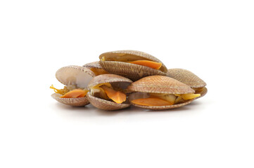 Closed up fresh baby clams, venus shell, shellfish, carpet clams, short necked clams, as raw food from the sea are the seafood ingredients. fresh clams Background.