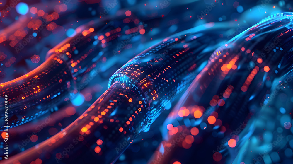 Poster glowing digital data cables with binary codes flowing dynamically through a futuristic abstract cybe