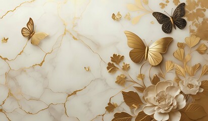 marble background with flower designs and butterfly silhouette, wall decoration in gold tones