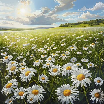 of a Vibrant Spring Meadow with White Daisies
