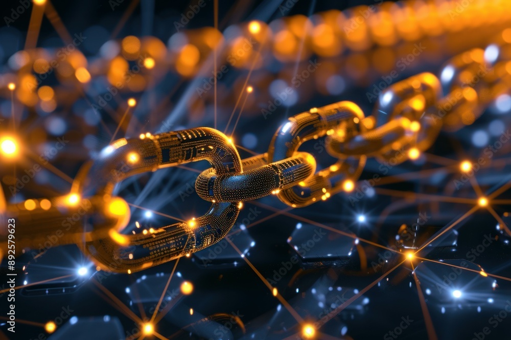 Poster abstract 3d rendered image of blockchain technology with illuminated chain links