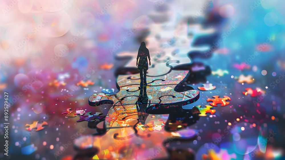 Poster miniature figure traversing a colorful puzzle path in a surreal dreamlike landscape digital painting