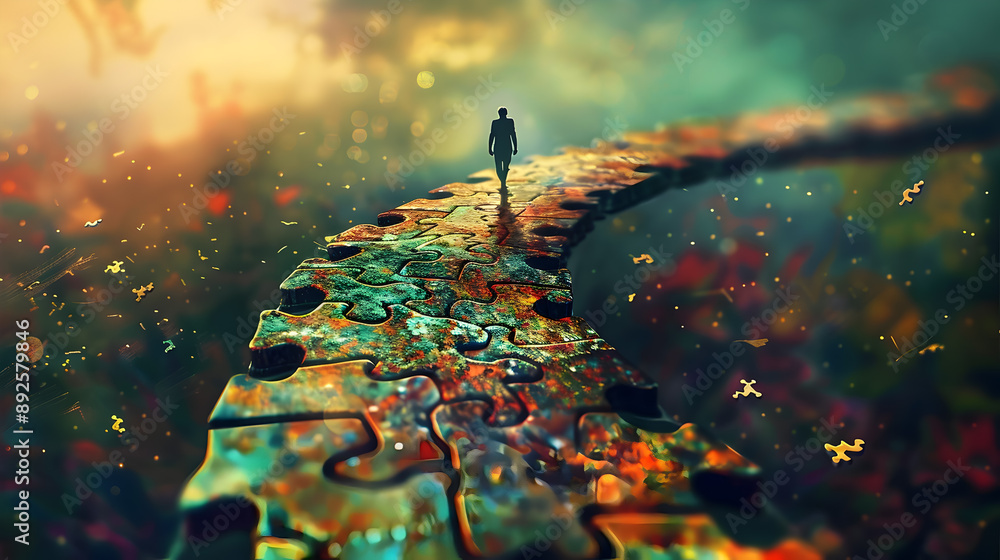 Poster wandering puzzle path a surreal and imaginative landscape featuring an individual walking on a twist