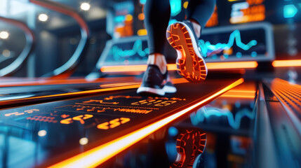 Naklejka premium Close-up view of a person running on a high-tech treadmill in a modern gym, showcasing vibrant neon lights and workout metrics