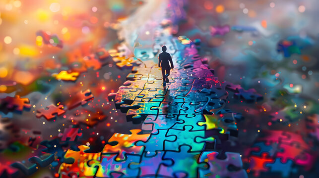 Miniature figure walking on an elevated path made of colorful puzzle pieces surrounded by scattered puzzle pieces in a soft dreamy background with reflections dynamic lighting