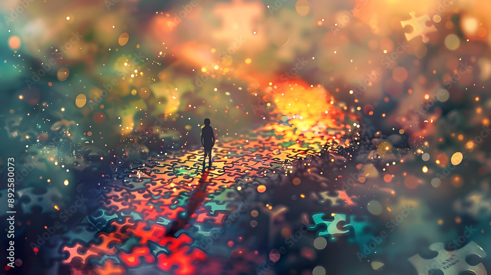 Poster a tiny figure walking on a winding path made of colorful puzzle pieces surrounded by scattered piece